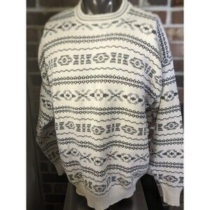 Vtg XL Cosby 90s Knit Sweater Crewneck Geometric Cream/Gray Club International